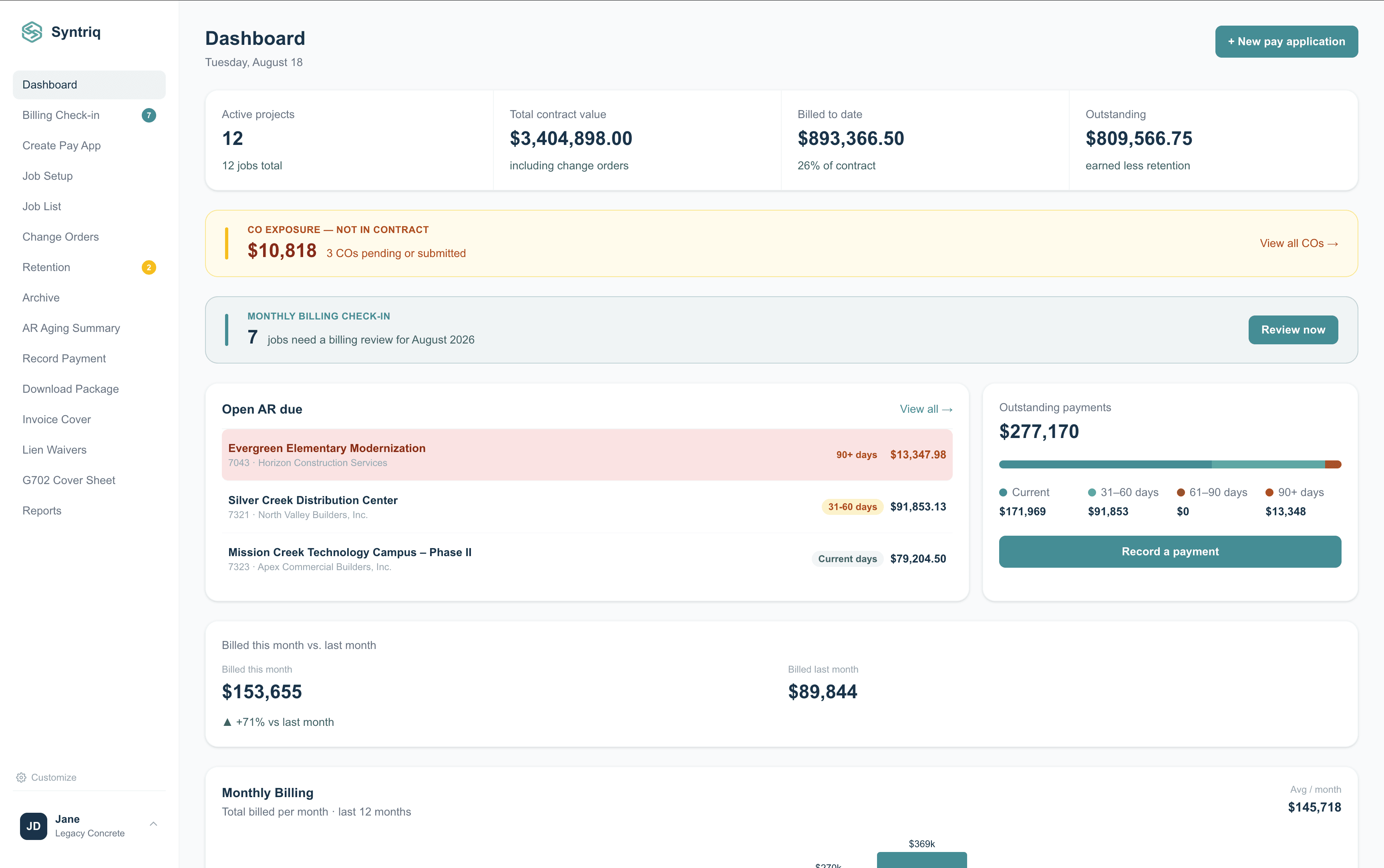 Syntriq dashboard showing active projects, contract value, billed-to-date, and outstanding AR
